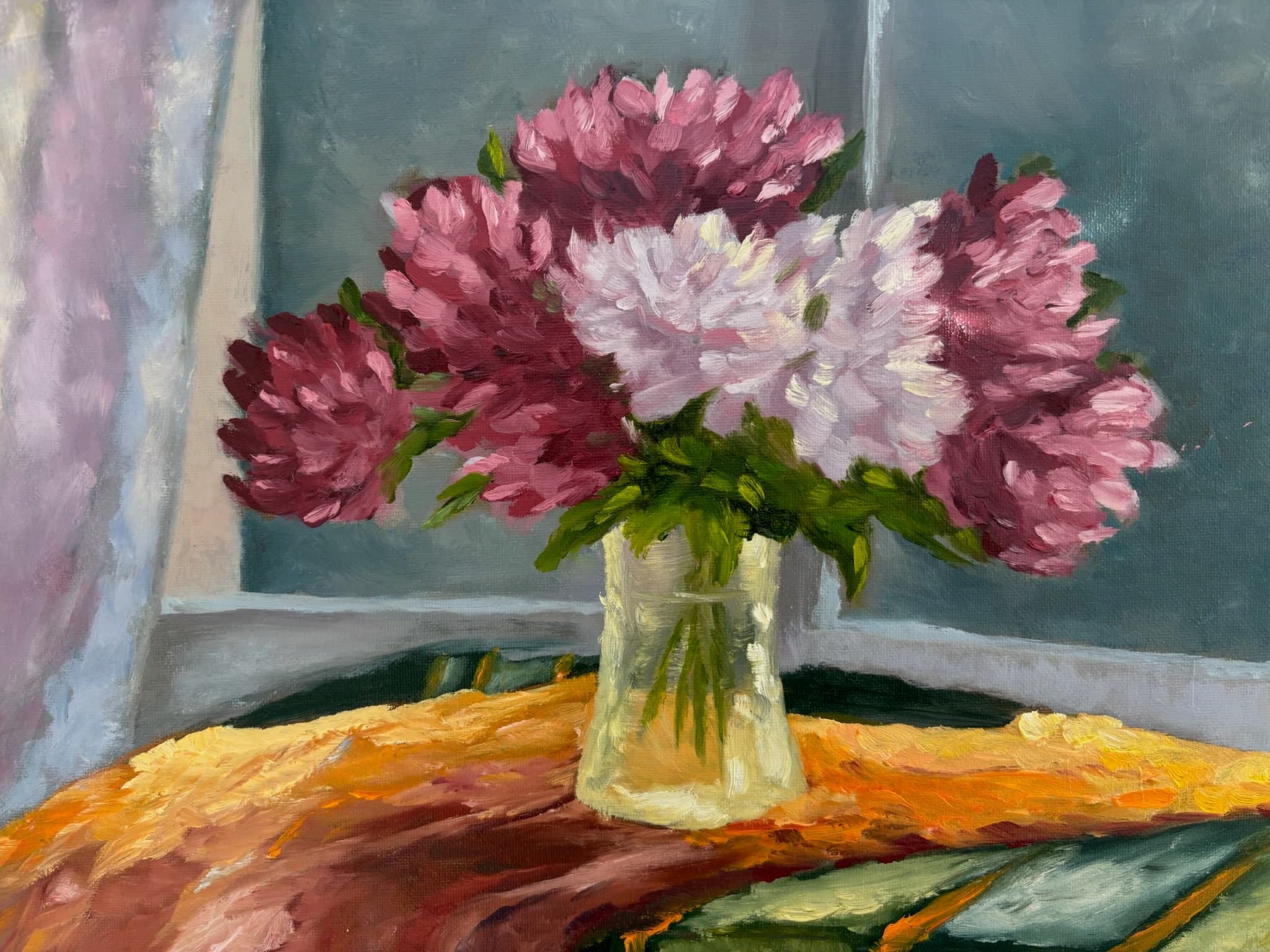 Vase on Orange Tablecloth, oil on canvas